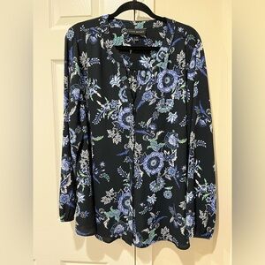 Lane Bryant Black Blouse with Blue Floral Pattern